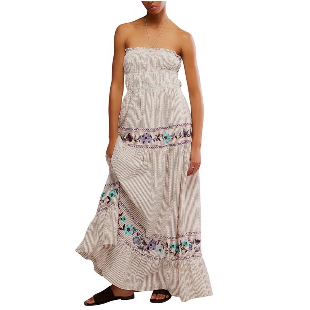 Free People Kalani Maxi Dress Ivory Stripe Floral Embroidered‎ Smocked Large